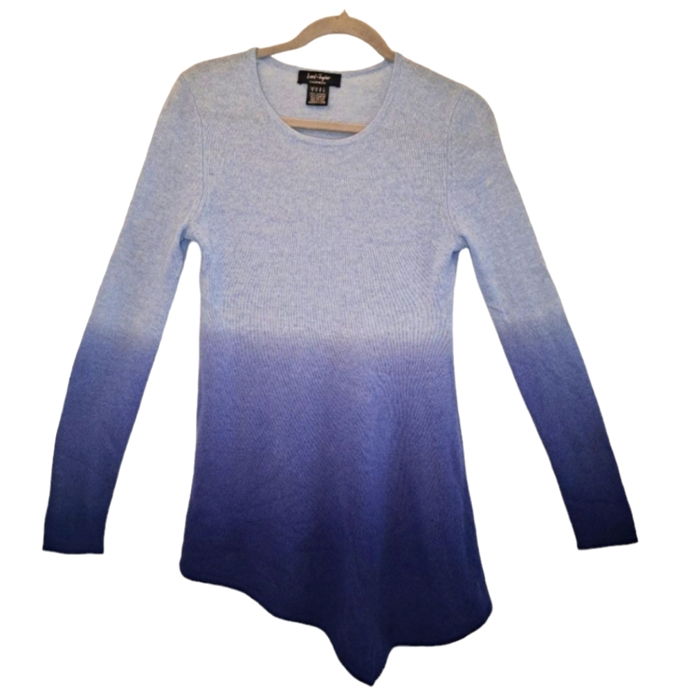 Lord & Taylor 100% Cashmere Asymmetrical Blue Ombre Dip Dye Quiet Luxury Small
